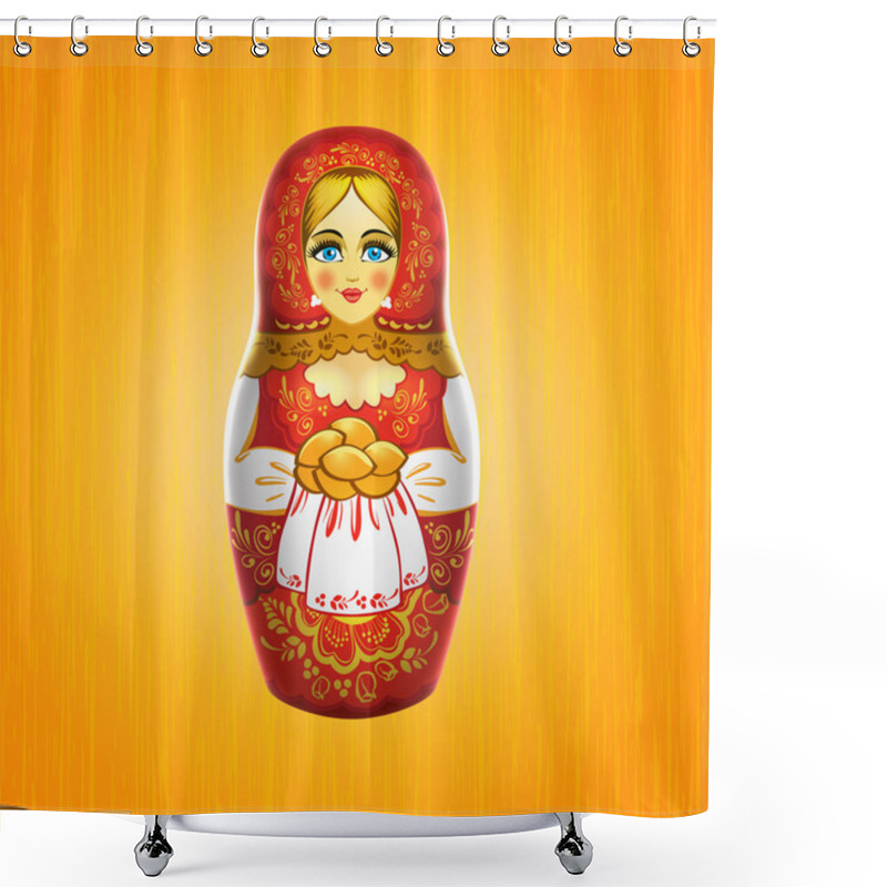 Personality  Russian Babushka Or Matrioshka Doll With Pies On Wooden Background. Russian Souvenir. Realistic Vector Illustration Shower Curtains