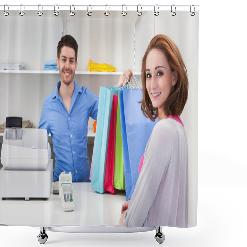 Personality  Cashier Handing Over Shopping Bag To Customer Shower Curtains