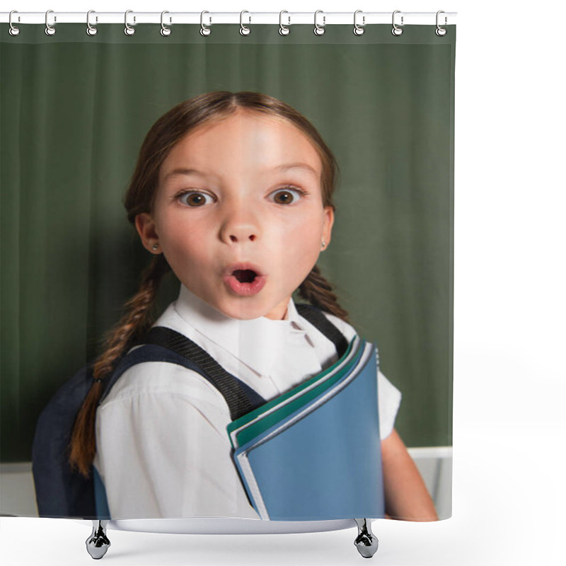 Personality  Thrilled Schoolchild With Copy Books Looking At Camera Near Chalkboard On Grey Shower Curtains