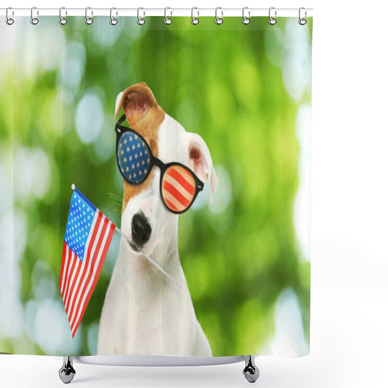 Personality  4th Of July - Independence Day Of USA. Cute Dog With Sunglasses And American Flag On Blurred Green Background, Bokeh Effect Shower Curtains