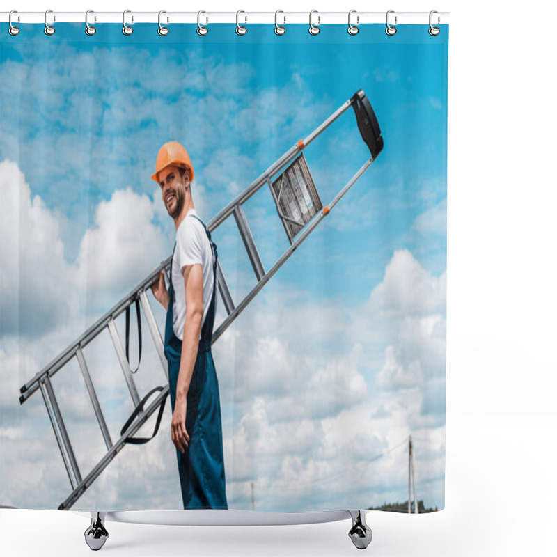 Personality  Positive Repairman Holding Ladder And Smiling Against Blue Sky With Clouds  Shower Curtains