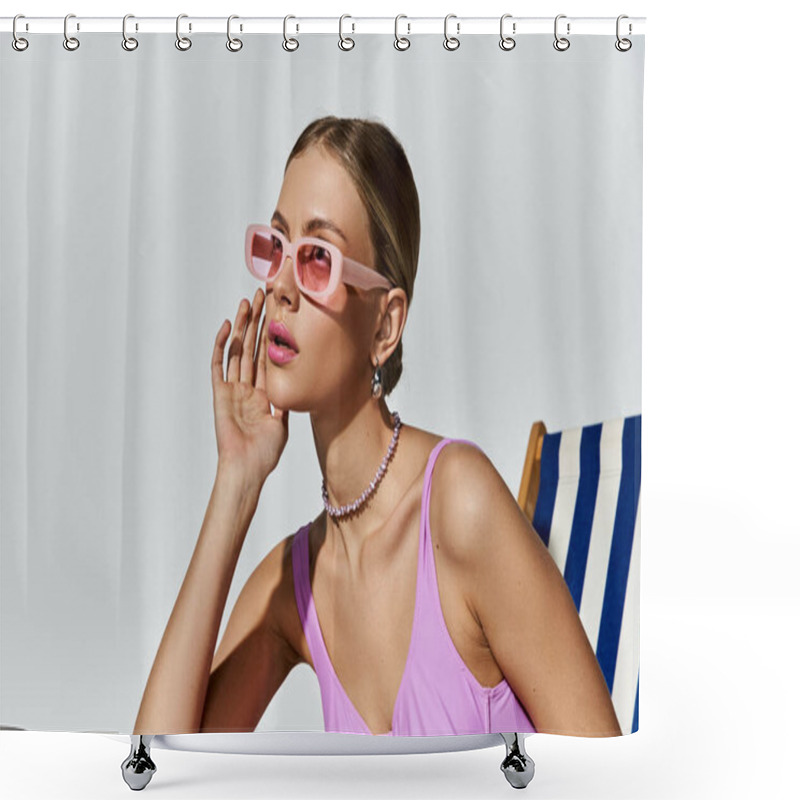 Personality  Blonde Woman Relaxing On Beach Chair In Trendy Pink Sunglasses. Shower Curtains