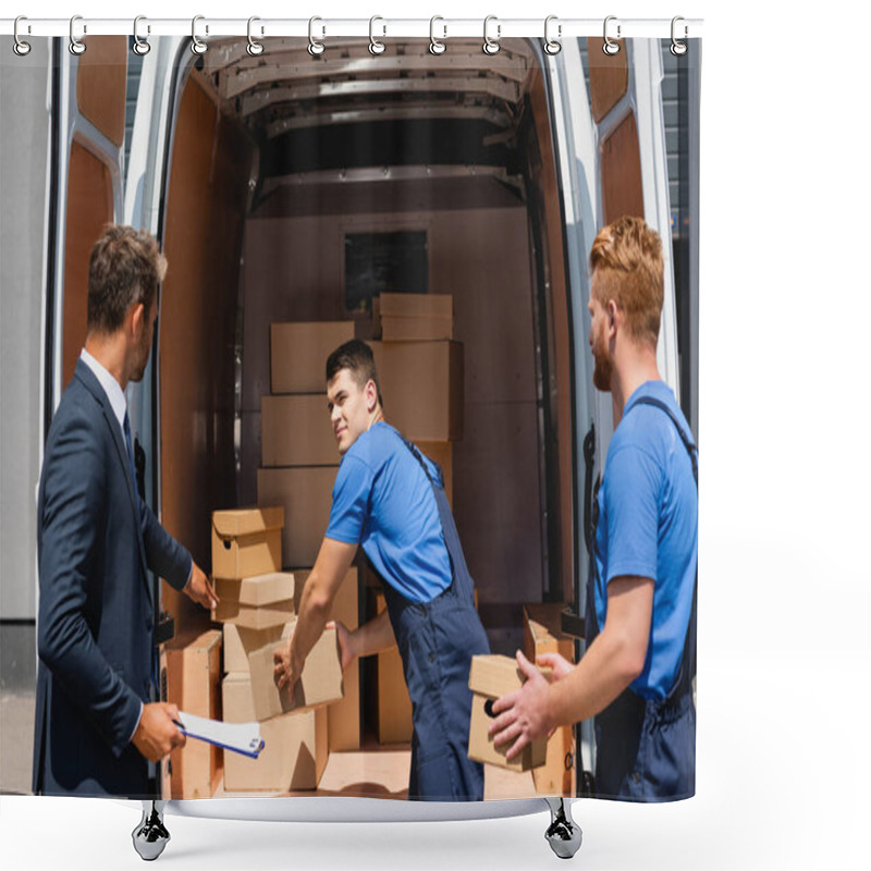 Personality  Businessman With Clipboard Pointing With Hand While Loader Holding Cardboard Box In Truck Outdoors  Shower Curtains