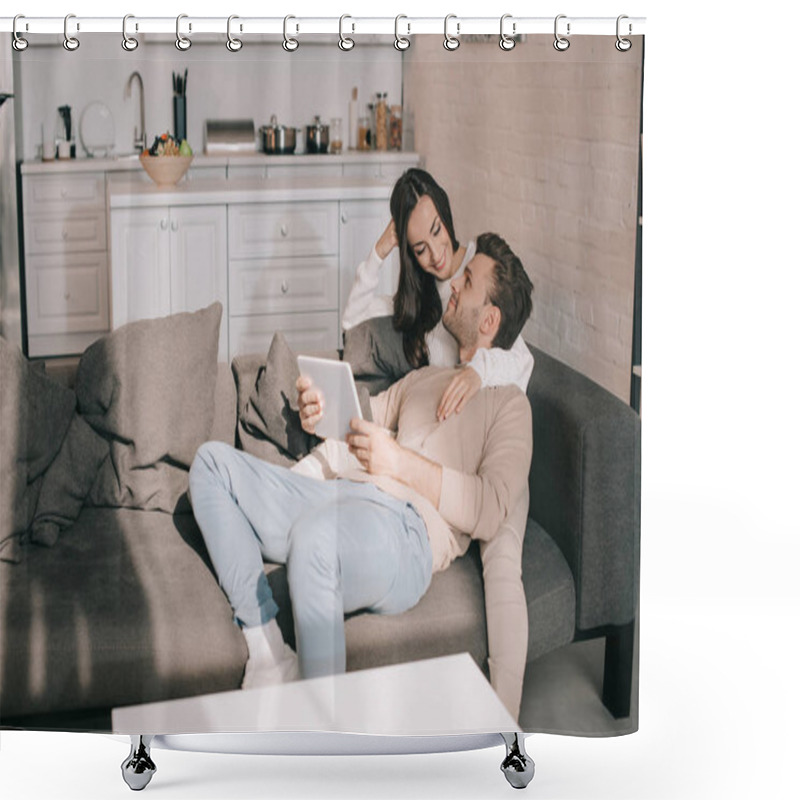 Personality  Casual Young Couple Using Tablet Together On Couch At Home Shower Curtains