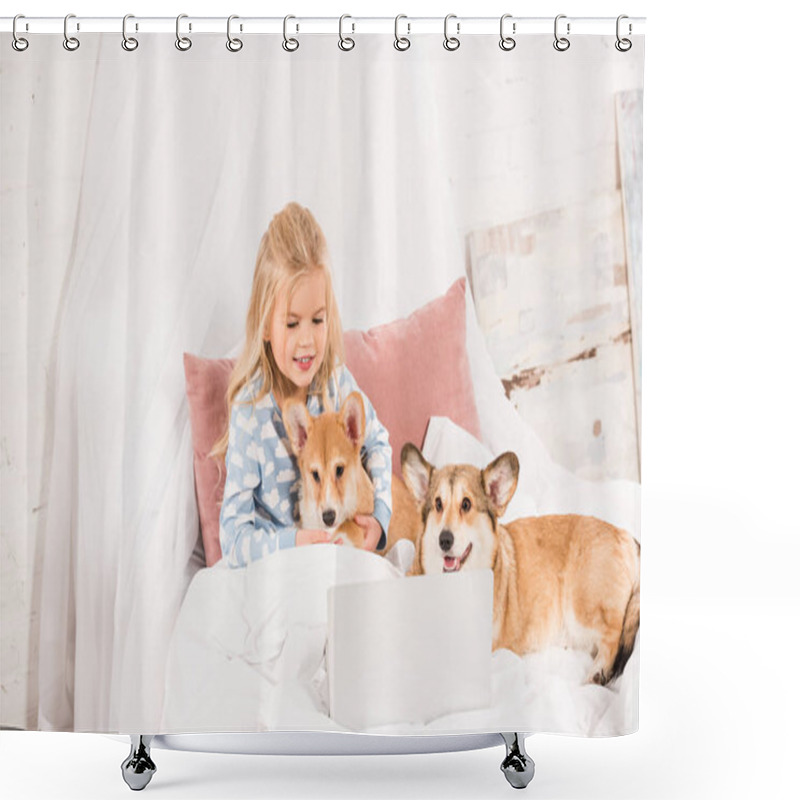 Personality  Adorable Child Lying In Bed With Corgi Dogs And Using Laptop At Home Shower Curtains