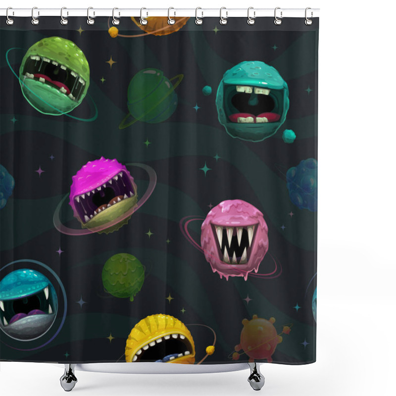 Personality  Cartoon Background. Seamless Pattern With Scary Monster Planets. Alien Space Concept. Shower Curtains