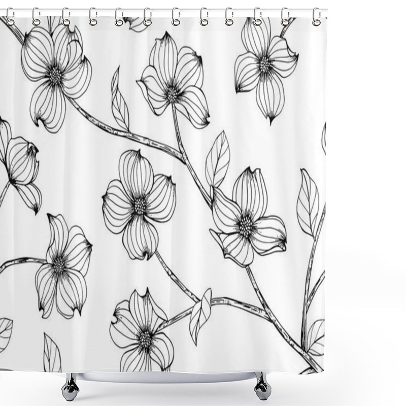 Personality  Seamless Dogwood Flower Pattern Background. Black And White With Drawing Line Art Illustration. Shower Curtains