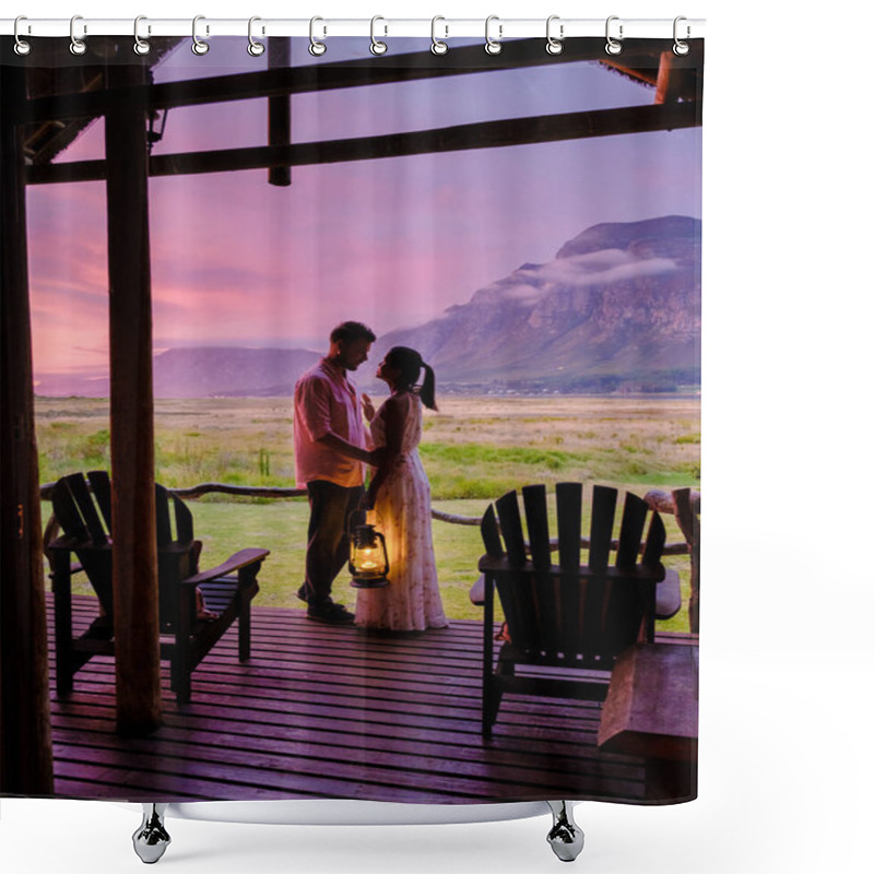 Personality  A Couple Man And Women Mid Age In Front Of Their Lodge During A Vacation In South Africa, Mountains And Grassland Near Hermanus At The Garden Route Western Cape South Africa Whale Coast.  Shower Curtains