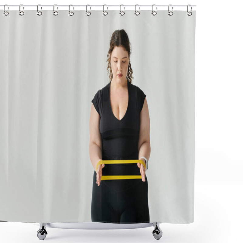 Personality  A Graceful Plus Size Woman Skillfully Uses Resistance Bands To Enhance Her Workout Routine. Shower Curtains