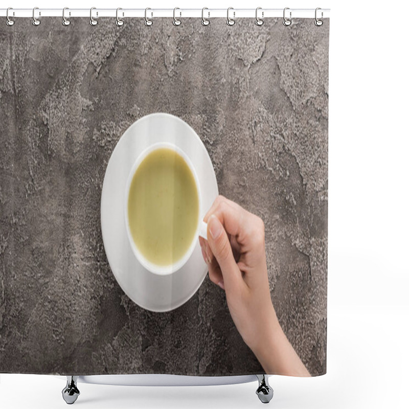 Personality  Top View Of Woman Holding Cup Of Matcha Matcha Tea In Hand Shower Curtains