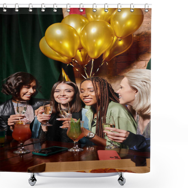 Personality  Happy Woman In Party Hat With Champagne Near Multiethnic Girlfriends And Birthday Balloons In Bar Shower Curtains