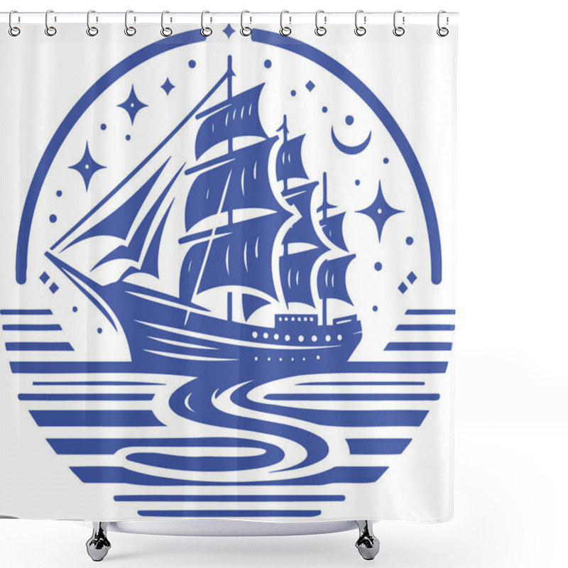 Personality  Illustration Of A Sailing Ship On The Ocean At Night With Stars And Moon In Stylized Graphic Design Shower Curtains