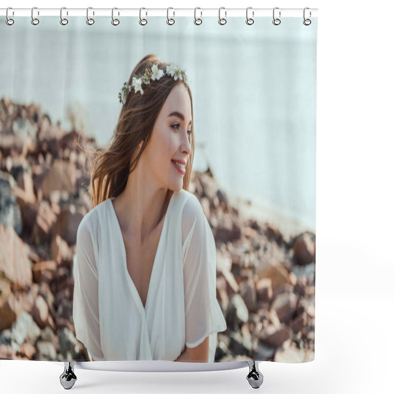 Personality  Attractive Smiling Girl Posing In Floral Wreath On Rocky Beach Near Sea Shower Curtains