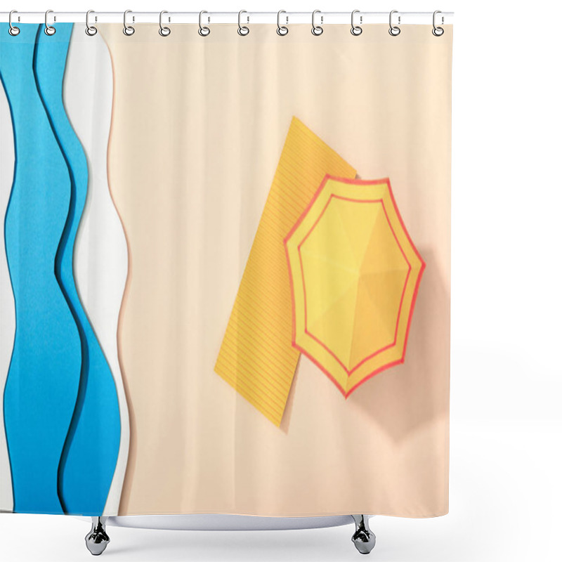 Personality  Top View Of Paper Beach With Summer Yellow Umbrella And Towel On Sand Near Ocean Shower Curtains