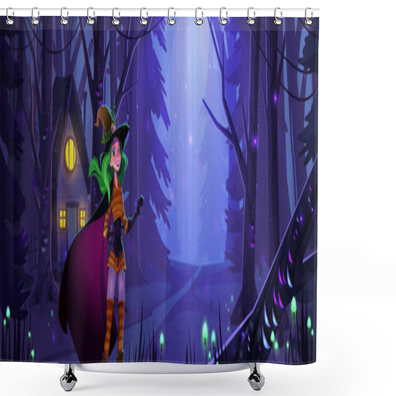 Personality  Magic Forest At Night With Girl And House Vector Landscape Background. Dark Fantasy Fairytale Halloween Environment With Hut, Fog And Happy Mystery Wizard Woman. Green Mystic Flower Near Road Design Shower Curtains