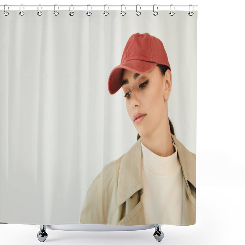 Personality  A Young Woman Poses Gracefully In A Fashionable Autumn Outfit, Embodying Seasonal Style In A Modern Studio Ambiance. Shower Curtains