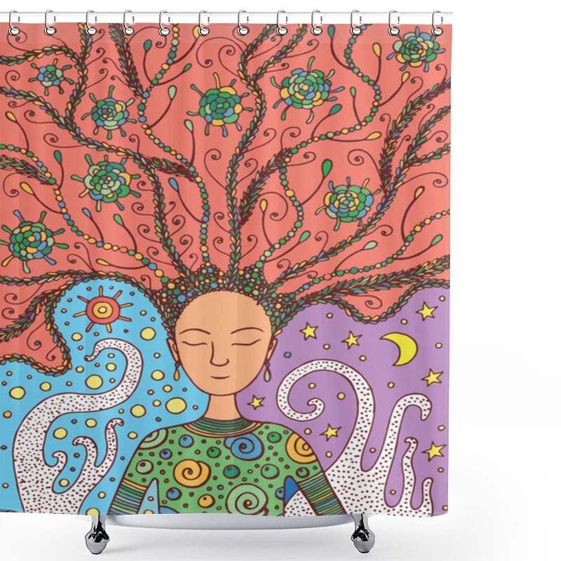 Personality  Shaman Boho Girl With Succulent Floral Hair On Sun And Moon Back Shower Curtains