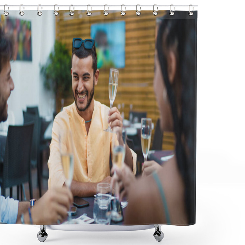 Personality  Smiling Young Man Enjoying An Outdoor Celebration With Friends, Raising A Champagne Glass In A Cheerful And Festive Atmosphere. Shower Curtains