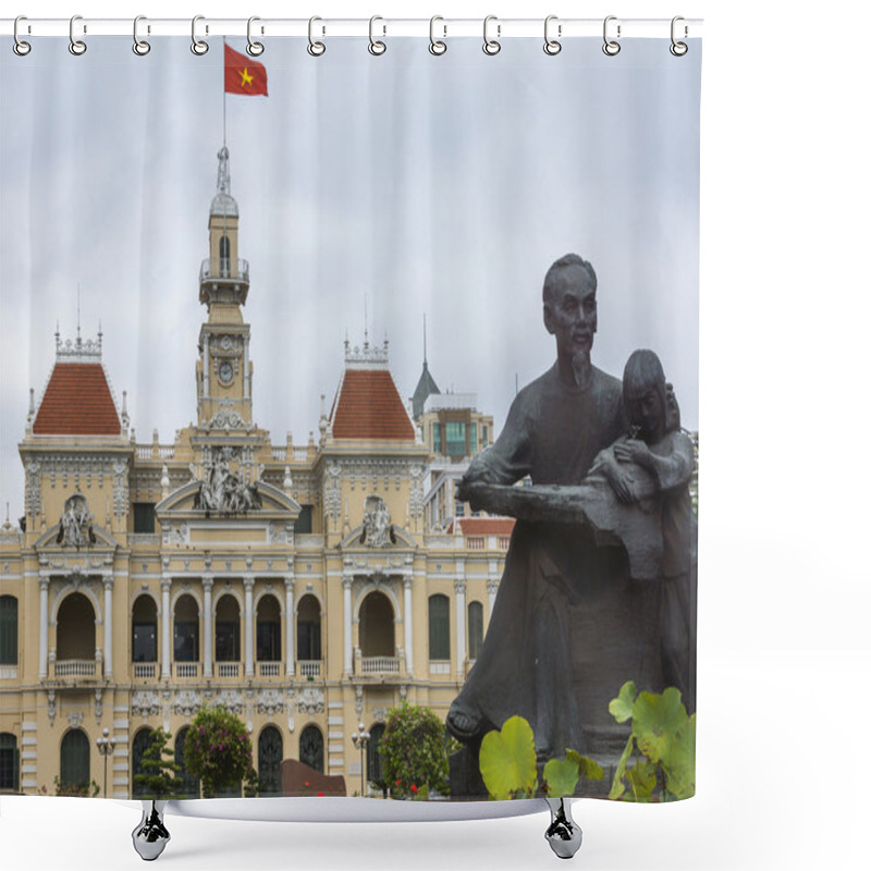 Personality  Ho Chi Minh Statue And Saigon City Hall With Flag. Shower Curtains