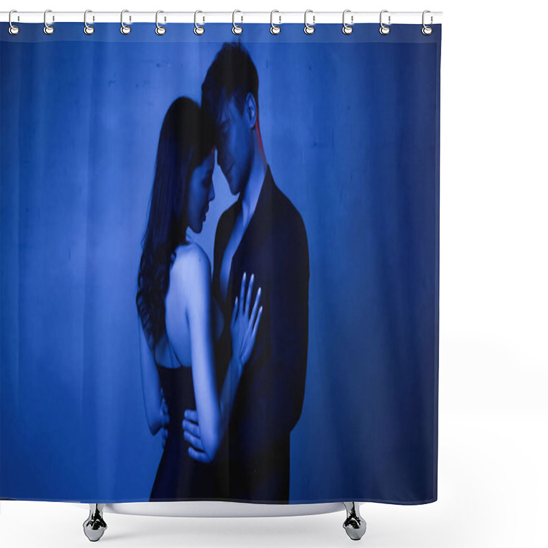 Personality  Sexy Woman In Black Dress Embracing Man In Blazer On Blue Shower Curtains