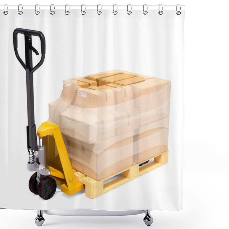 Personality  Pallet Truck With Parcels Wrapped In The Stretch Film, 3D Rendering Shower Curtains