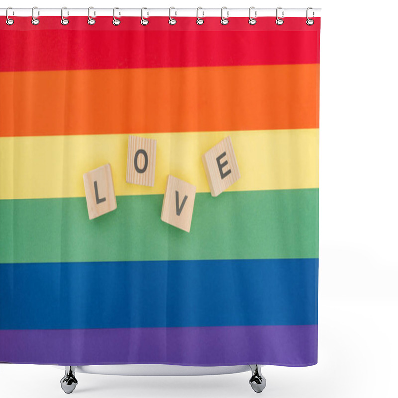 Personality  Top View Of Love Lettering Made Of  Wooden Cubes On Paper Rainbow Background Shower Curtains