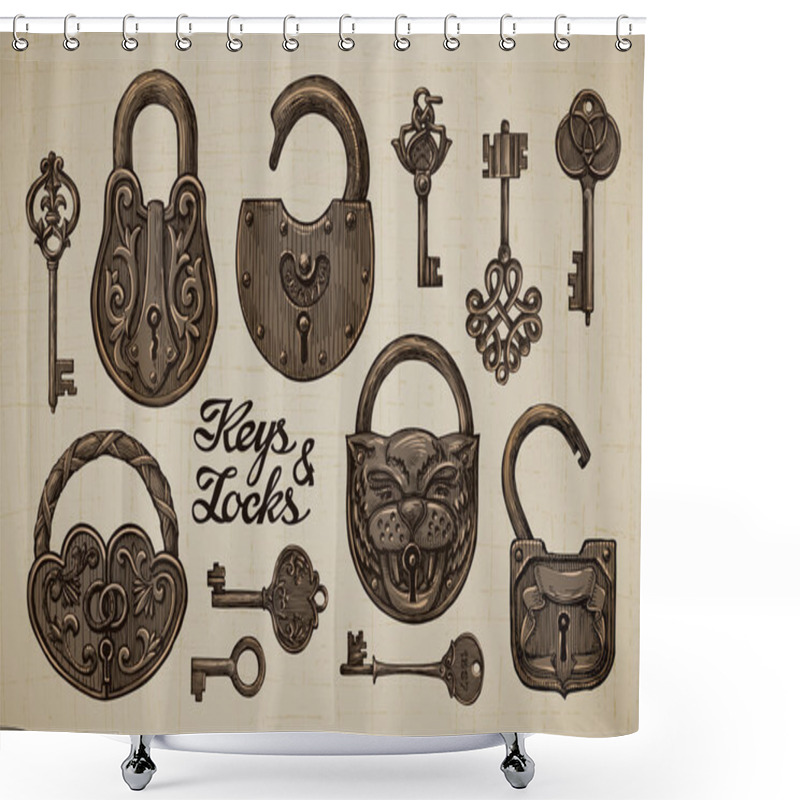 Personality  Vintage Keys And Locks. Open And Closed Padlock. Secret Or Mystery. Hand-drawn Collection Of Vector Retro Objects Shower Curtains