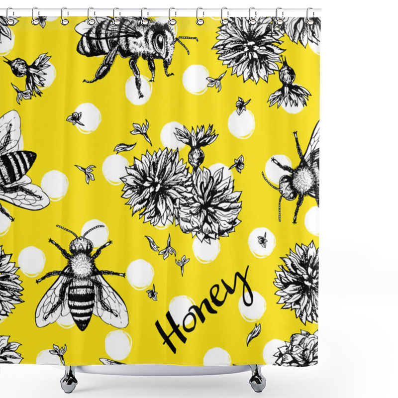 Personality  Seamless Vector Pattern With Bees And Flowers. Shower Curtains