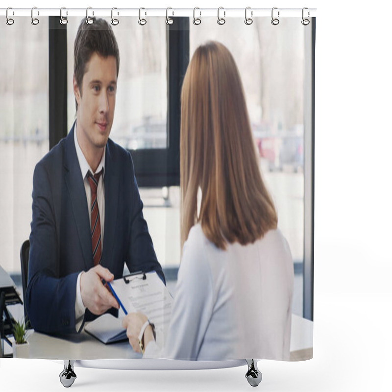 Personality  Positive Man In Formal Wear Giving Clipboard With Resume To Businesswoman On Job Interview Shower Curtains