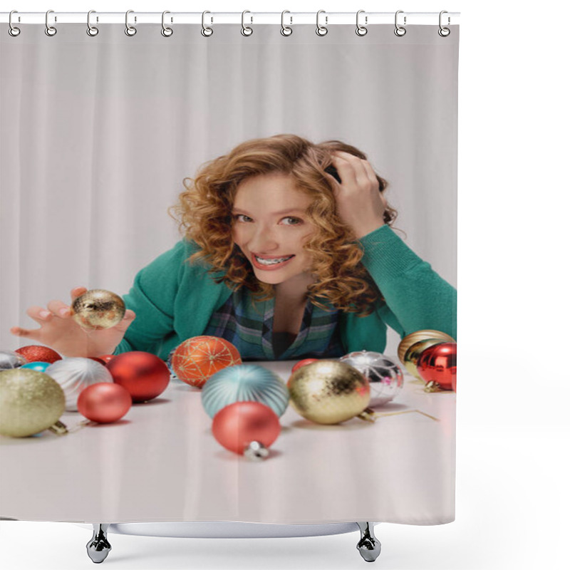 Personality  The Young Woman Is Excitedly Preparing Gifts While Playfully Engaging With Beautiful Ornaments. Shower Curtains