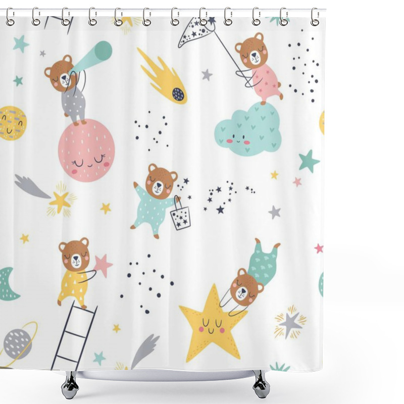 Personality  Seamless Childish Pattern With Catching Stars Cute Bears, Planets, Cloud, Moon And Stars. Creative Kids Texture For Fabric, Wrapping, Textile, Wallpaper, Apparel. Vector Illustration Shower Curtains