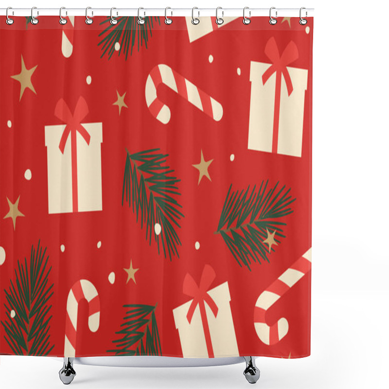 Personality  Christmas, New Year's Eve Seamless Pattern With Christmas Candy Canes, Fir Tree Branches, Gift Boxes, Stars And Dots; Great For Wrapping, Greeting Cards, Social Media Graphics- Vector Illustration Shower Curtains