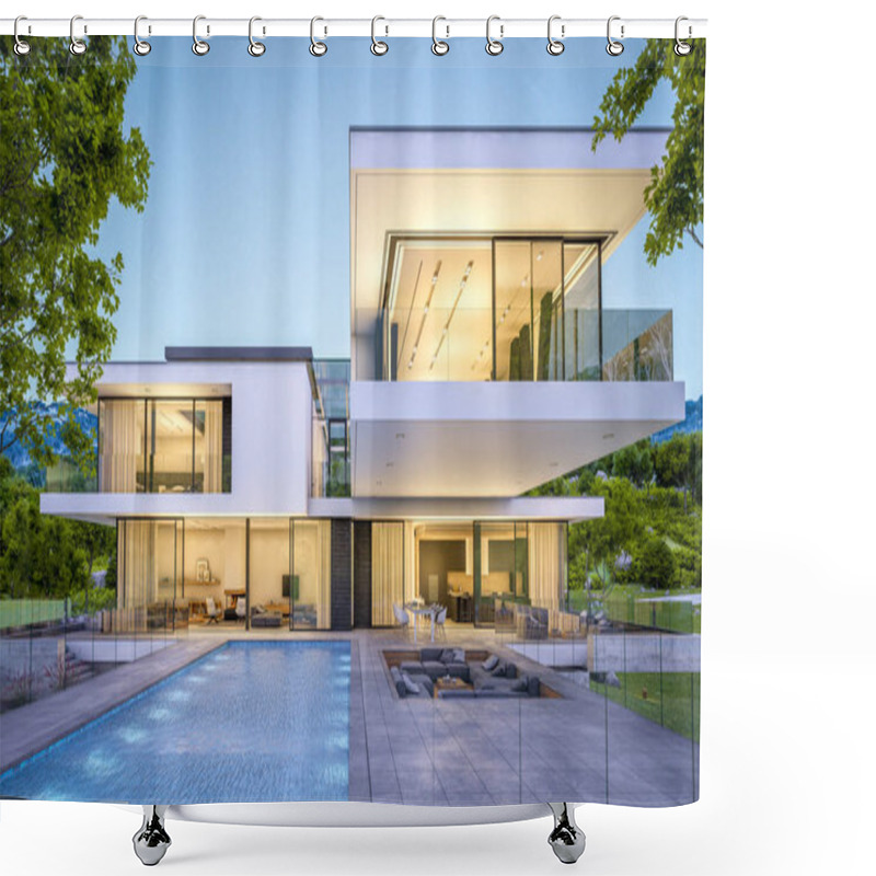 Personality  3d Rendering Of Modern Cozy House By The River With Garage For Sale Or Rent With Beautiful Mountains On Background. Clear Summer Evening With Blue Sky. Cozy Warm Light From Window. Shower Curtains