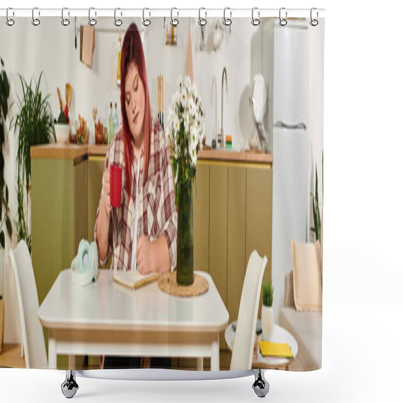 Personality  A Lovely Plus Size Woman Sips Tea At A Stylish Table, Lost In Thought Among Vibrant Decor. Shower Curtains