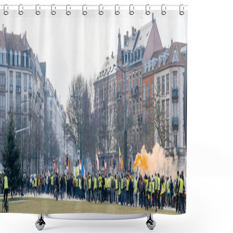 Personality  Placard With Inscription Macron Demission At Yellow Vests Protest Shower Curtains