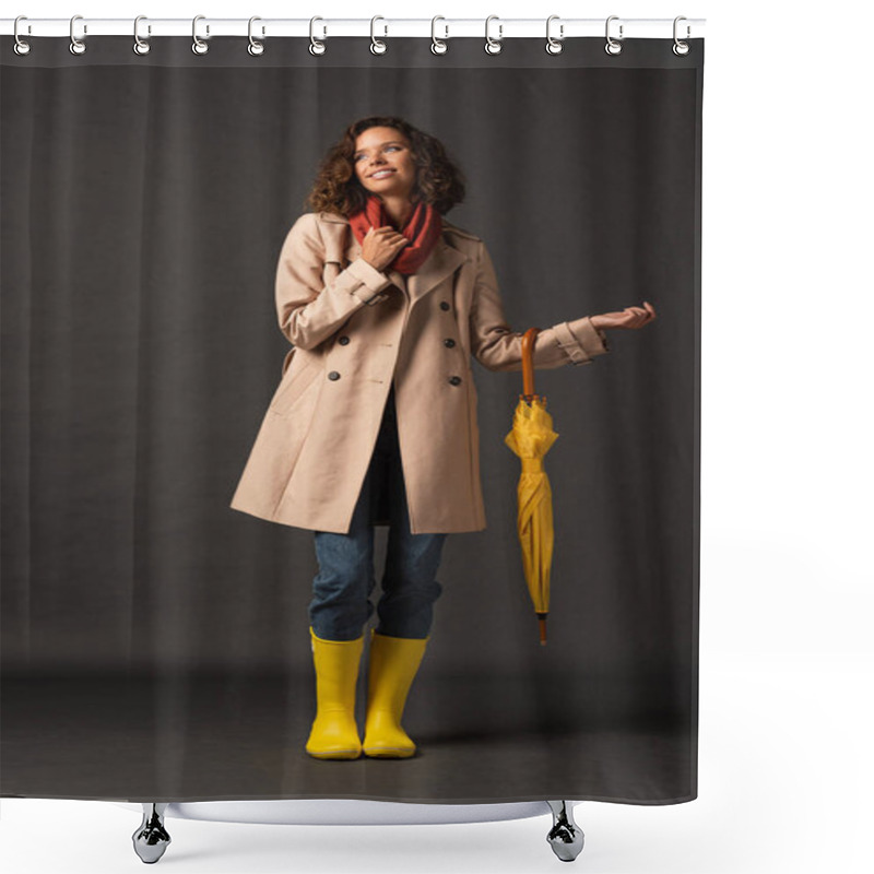 Personality  Curly Woman In Trench Coat And Rubber Boots Holding Yellow Umbrella On Black Background Shower Curtains