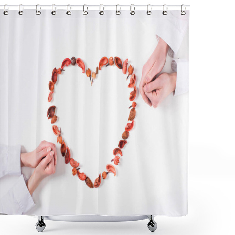 Personality  Cropped Image Of Couple Sitting Near Heart On Valentines Day Isolated On White Shower Curtains