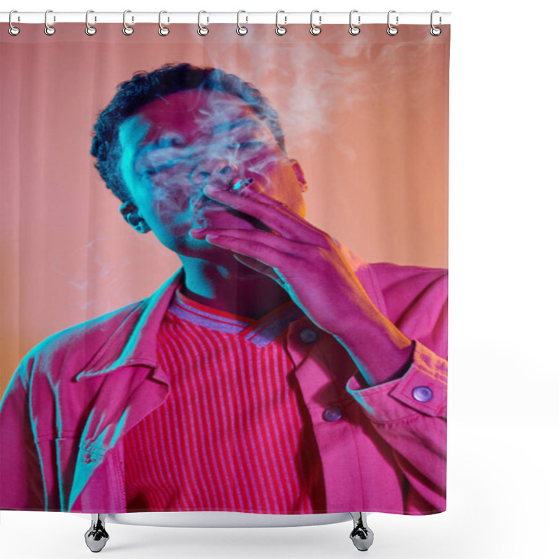 Personality  Cool And Young African American Man Smoking Cigarette Under Blue Neon Lights On Pink Background Shower Curtains