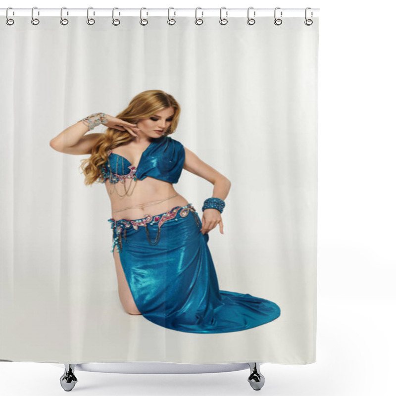 Personality  Young Woman Mesmerizes In Flowing Blue Belly Dance Outfit. Shower Curtains