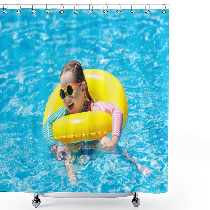 Personality  Child With Sunglasses In Swimming Pool. Little Girl On Inflatable Ring. Kid With Colorful Float. Kids Learn To Swim And Dive In Outdoor Pool Of Tropical Resort. Sun Protection And Eye Wear. Water Fun. Shower Curtains