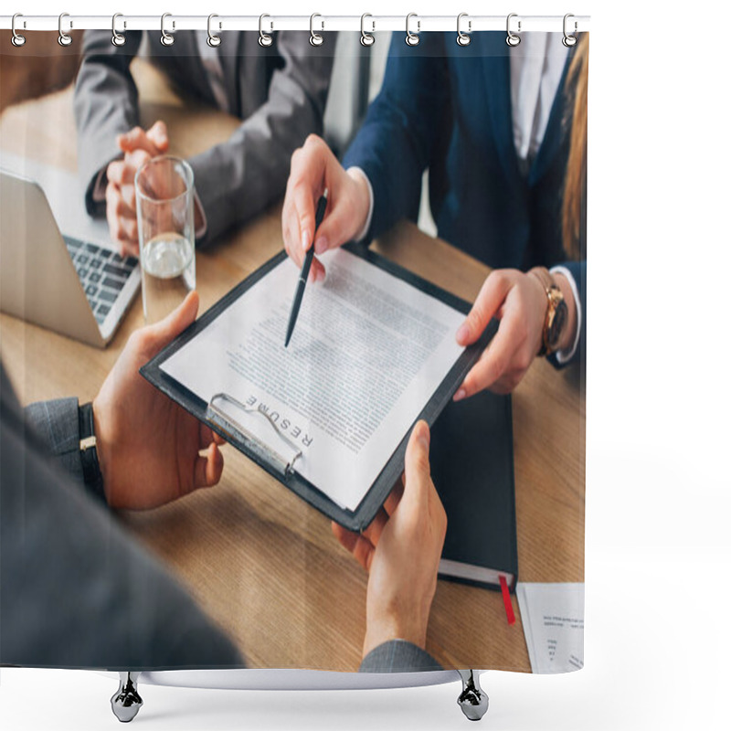 Personality  Cropped View Of Recruiter Holding Clipboard With Resume Near Colleague And Employee At Table  Shower Curtains