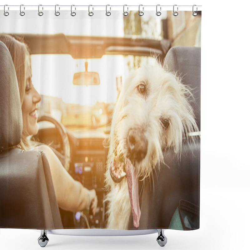 Personality  Woman And Her Labradoodle Dog Shower Curtains