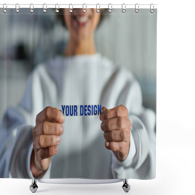 Personality  Cropped View Of Blurred And Cheerful Young African American Artisan In Sweatshirt Holding Printing Layer With Your Design Lettering In Print Studio, Focused Business Owner Managing Workshop Shower Curtains