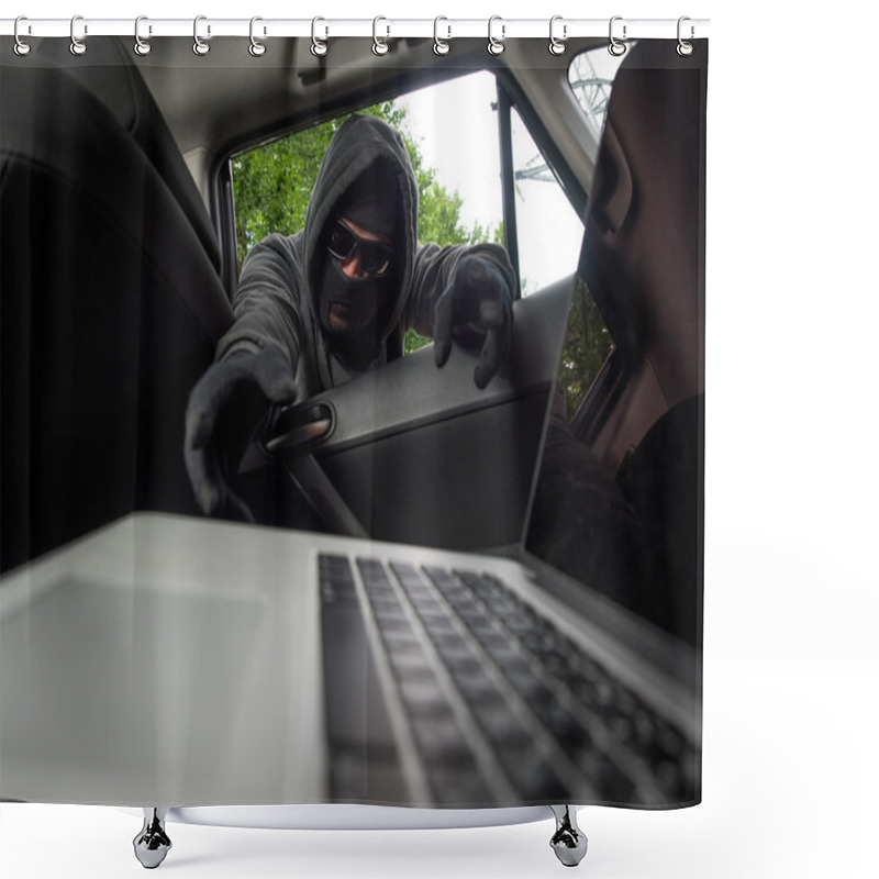 Personality  Crime Concept - Thief Stealing Laptop From The Car. View From Laptop Shower Curtains