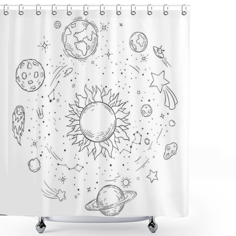 Personality  Doodle Solar System. Hand Drawn Sun, Cosmic Comet And Planet Earth Vector Illustration. Outer Space Monochrome Coloring Book Drawing. Celestial Bodies Spinning Around Star. Astronomy Concept Shower Curtains