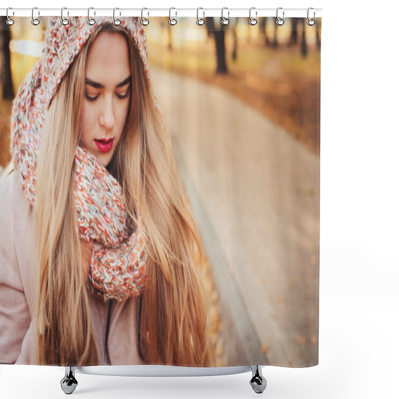 Personality  Portrait Of Young Beautiful Woman Walking In Stylish Warm Outfit In Sunny Autumn Day In Park, Wearing Pink Coat And Knitted Snood. Casual Lifestyle In The City Shower Curtains