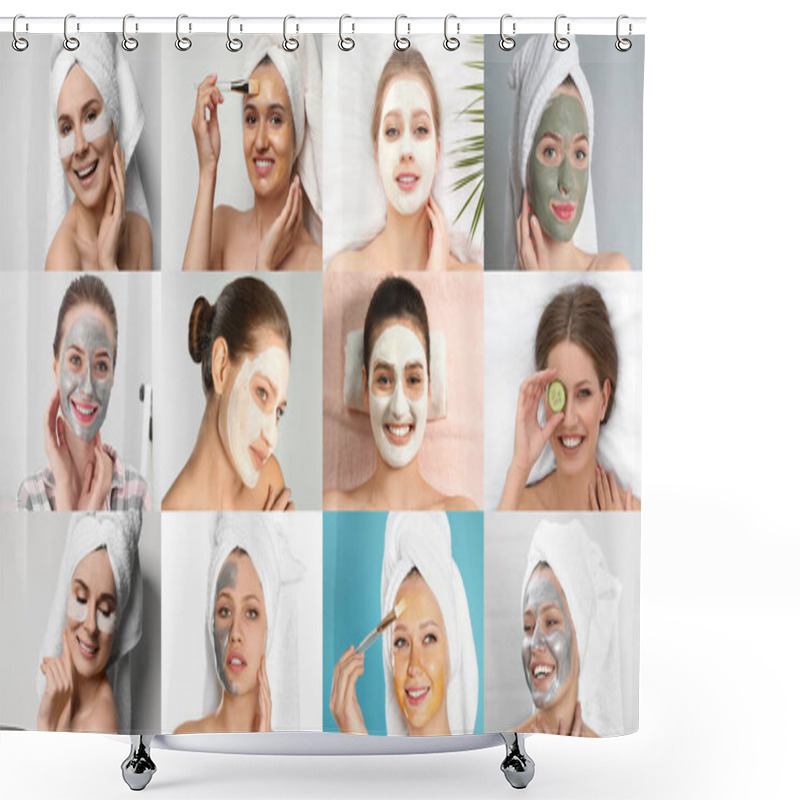 Personality  Collage With Photos Of Women With Cleansing And Moisturizing Masks On Faces Shower Curtains