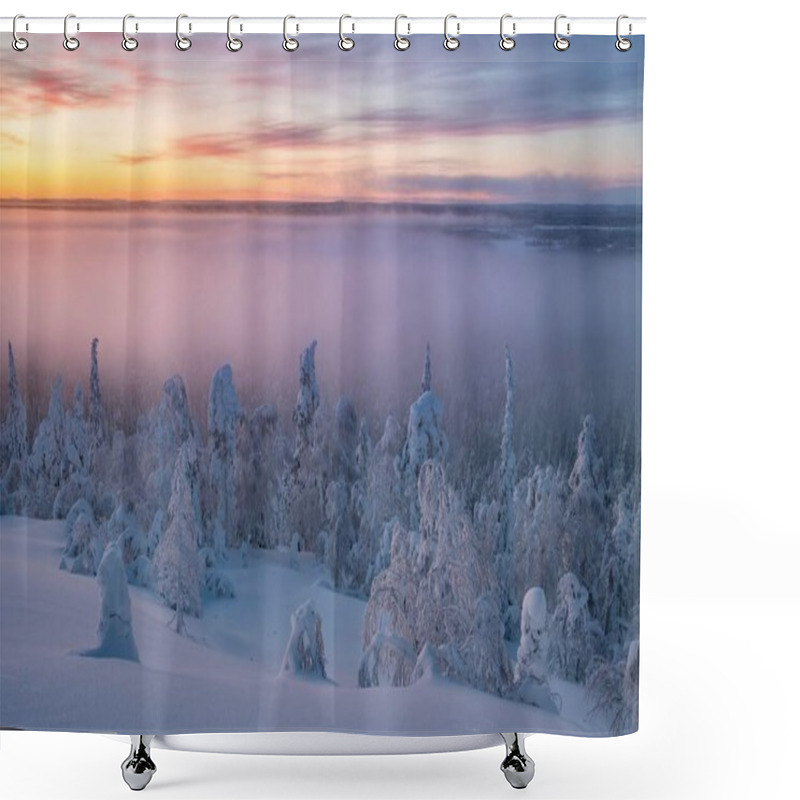 Personality  Fog Over Snowy Trees At Sunset, Winter Landscape, Pyh-Luosto National Park, Lapland, Finland, Europe  Shower Curtains