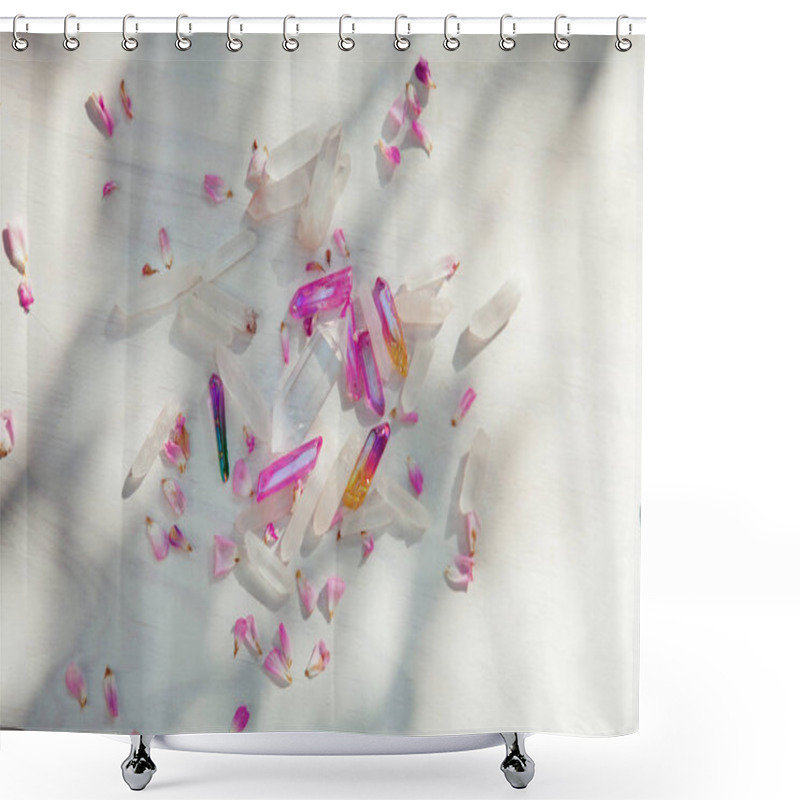 Personality  Colorful Quartz Crystals With Pink Rose Leaves On Wooden Structure, Flat Lay Background  Shower Curtains