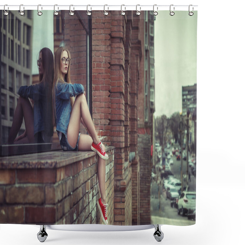 Personality  Outdoor Lifestyle Portrait Of Pretty Young Sitting Girl, Wearing In Hipster Swag Grunge Style Urban Background. Retro Vintage Toned Image, Film Simulation. Shower Curtains